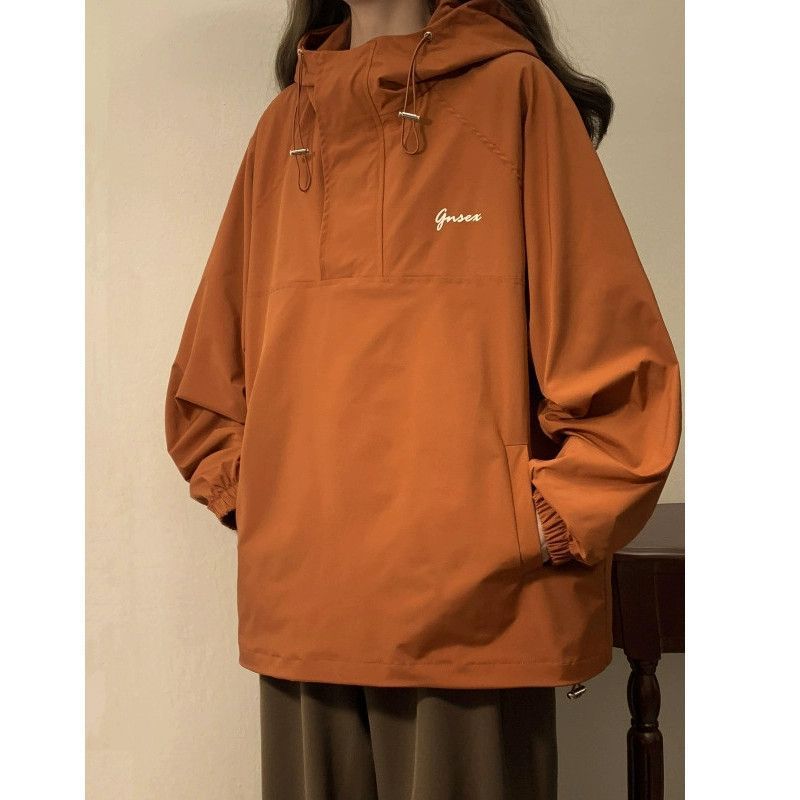 橘色工装外套女春秋设计感小众美式复古高街半拉链套头冲锋衣情侣|undefined