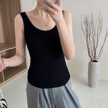 秋冬新款纯色抽条U领吊带背心精纺羊毛内搭无袖羊毛打底针织衫