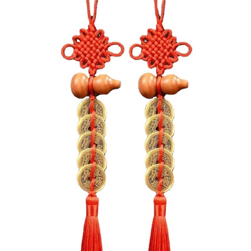 Peach wood Five Emperors' money door-to-door Chinese auspicious knot copper gourd pendant pressure threshold copper coin Five Emperors' money ancient coin
