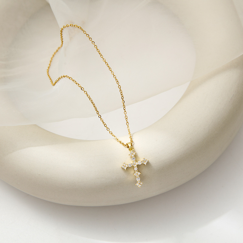 Retro Cross Stainless Steel Inlay Rhinestones Pendant Necklace