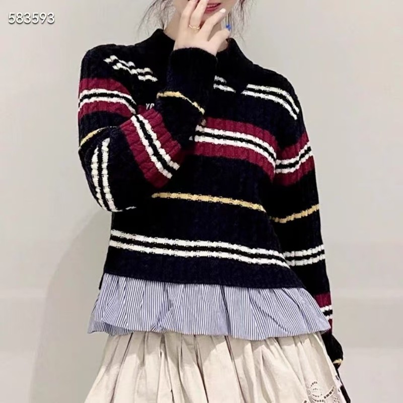 丫系女装2025秋新款宽松甜美撞色条纹拼接套头针织衫气质毛衣|undefined