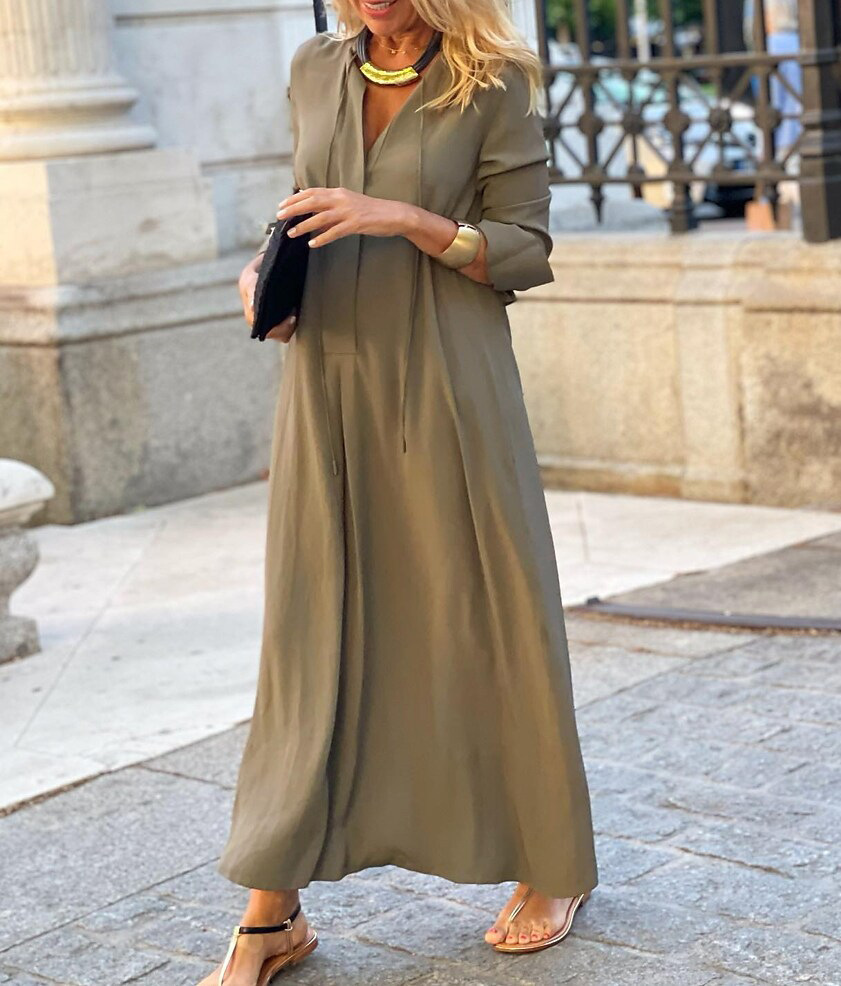 large swing lapel long sleeve v neck loose solid color shirt dress NSMVS139807