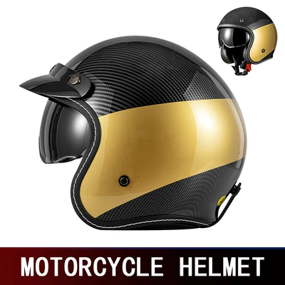 Motosiklet kaskı (dəbilqə) — 3/4 Half Helmet, Retro Motorcycle - 618-carbon-fiber-pattern-black-lens-hooded-visor-with-inner-mirror-m