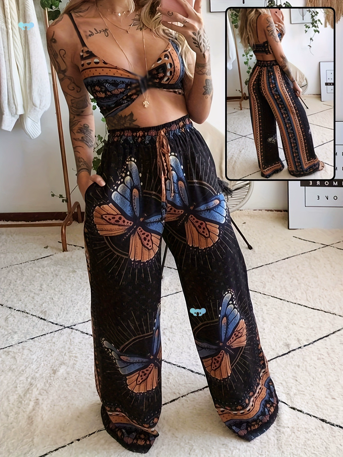 Ins Костюмы с принтом бабочки Летний укороченный жилет на бретельках Топ