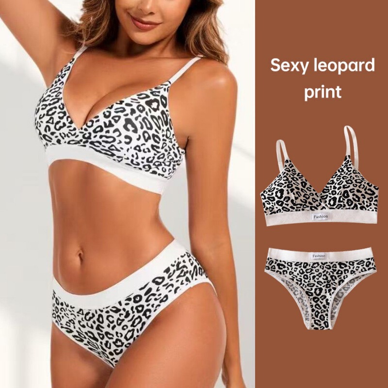 Original Adjustable Shoulder Strap Beautiful Back Women's European, American and Southeast Asian Cross-border Sexy Leopard Print Non-marking Rimless Bra French Style