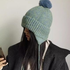 混色毛球辫子毛线帽女秋冬时尚保暖护耳帽子雷锋帽韩版时尚针织帽