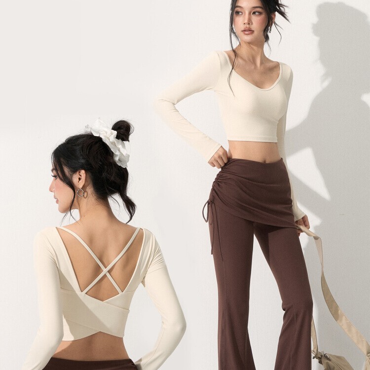 Cross Back Yoga Wear Women's Suit Long-Sleeved Beautiful Pilates Sexy Sports Running Top Fitness Training Wear