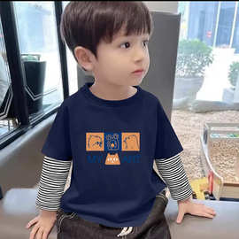 中童春装薄款男孩纯棉宝宝长袖t恤儿童打底衫春季男童假两件上衣