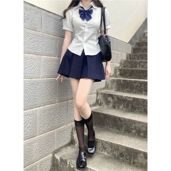 Set, brace, bow tie, with short sleeve, pleated skirt