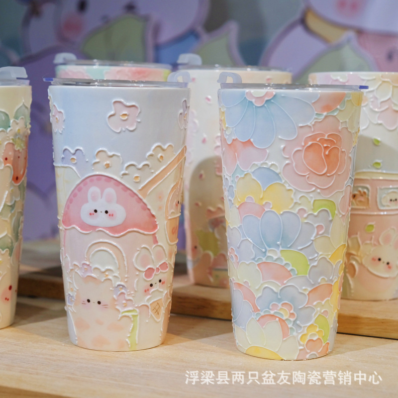 Guochao パイルオブフラワータンブラー 蓋付き ストローカップ 大容量 景徳鎮万華カップ 釉下色手描きウォーターカップ|undefined