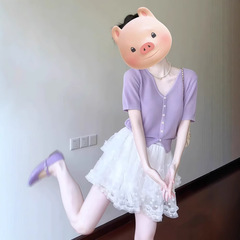 夏の絶美着セット女性紫ニット半袖カーディガン白いネット糸a字スカート減齢2点セット