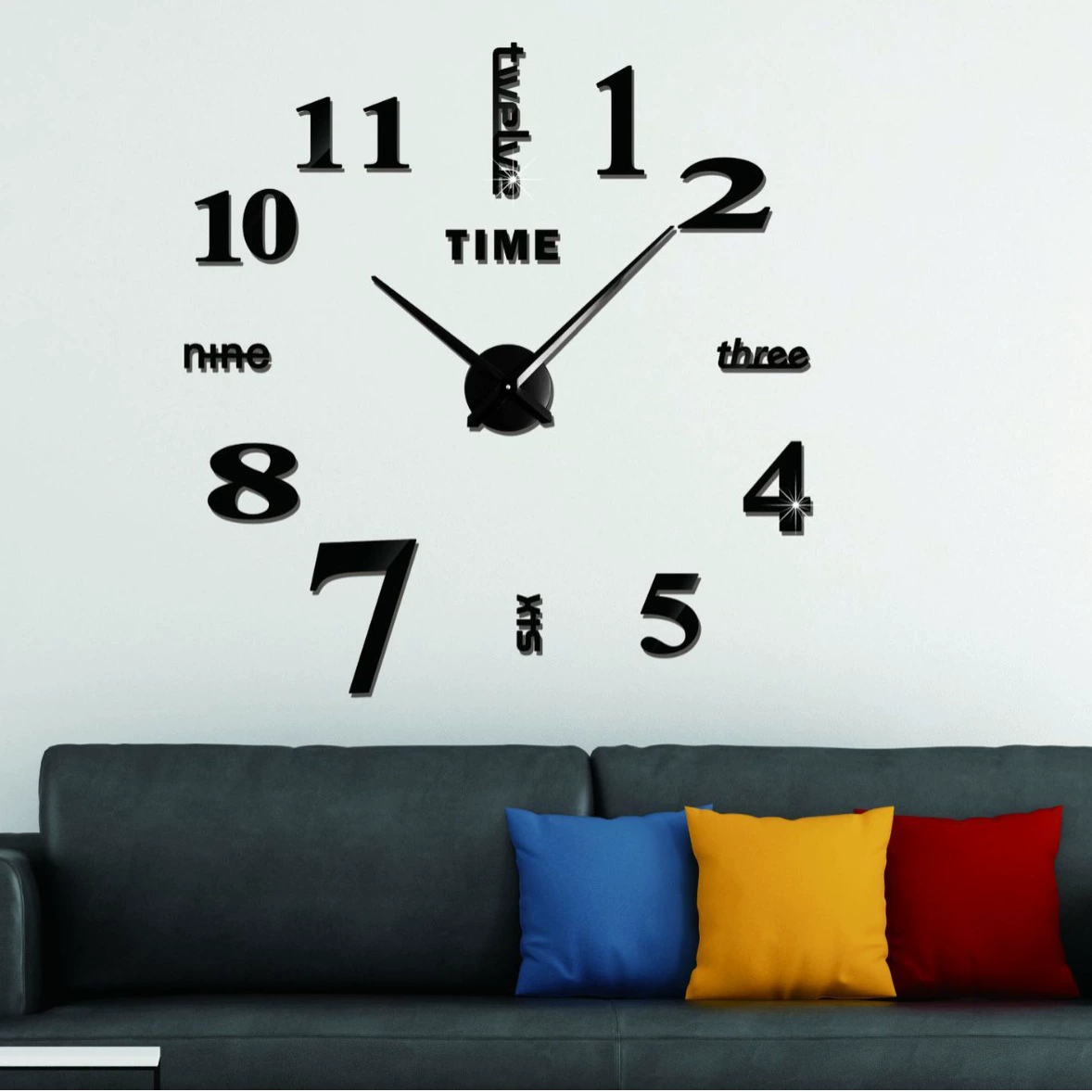 Oversized DIY Wall Clock, EVA Mirror Panels, 120×120 cm, Silver/Gold/Black Options