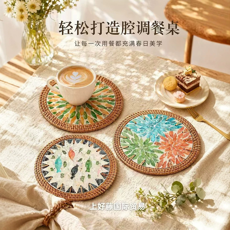 Southeast Asian Rattan Woven Handmade Colorful Shell Coasters, Natural Shell Mother-Of-Pearl Light Luxury Edge-Wrapped Heat Insulation Pads, Tea Cup Mats Southeast Asian Rattan Woven Handmade Colorful Shell Coasters, Natural Shell Mother-Of-Pearl Light Luxury Edge-Wrapped Heat Insulation Pads, Tea Cup Mats