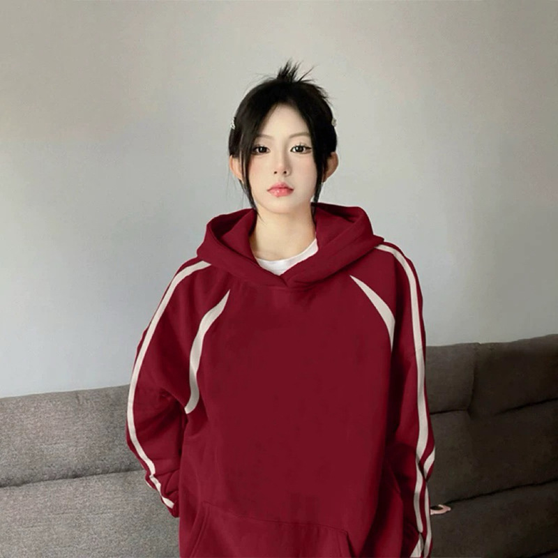 Contrast Color Three Stripes Burgundy Hooded Sweatshirt for Women 2025 Autum New Hot Style Oversize American Tops