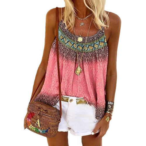 Same-day shipping 2024 European and American summer loose casual round neck strap hand-painted positioning printed women's vest T-shirt 