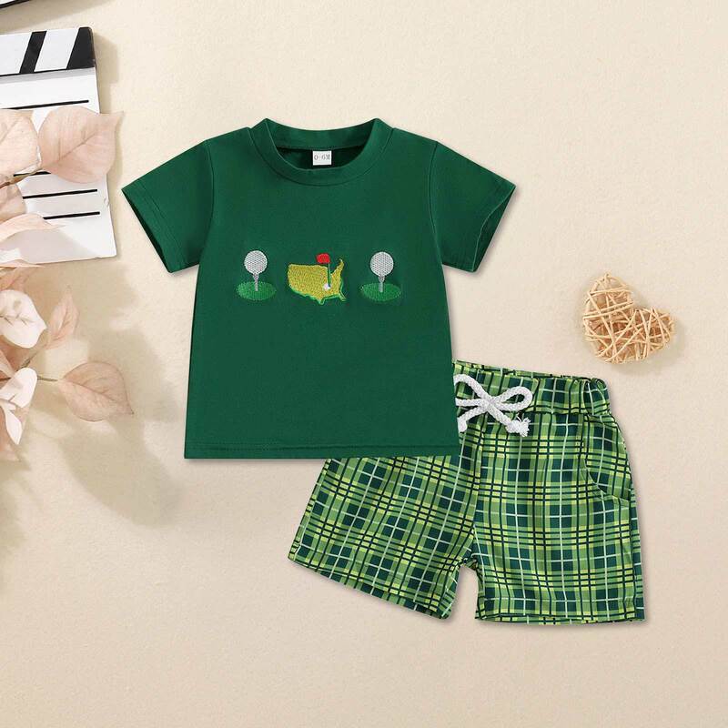 Children's Clothing 2025 Boys Summer Suit Children's Golf Embroidery Round Neck Short Sleeve T-Shirt + Plaid Shorts Two-Piece Set