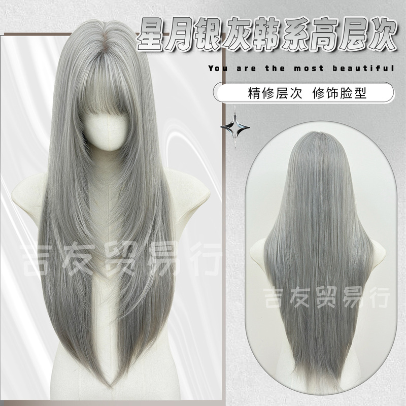 Jiyu Trading Co. Wig Silver Moon Gray Long Straight Hair High-End Layered Styling Natural Full Wig Wholesale