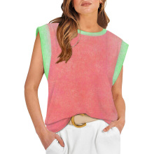 亚马逊2024爆款夏日西瓜糖果拼色3D印花  扩肩女装时尚圆领上衣