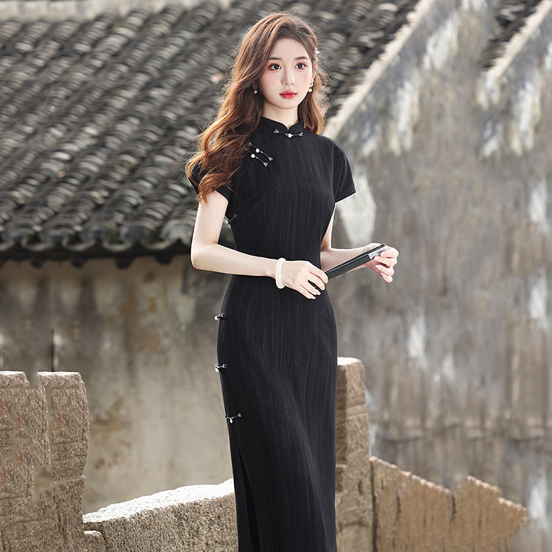 黑色條紋民國風老上海新中式長款旗袍改良2025新款女復古短袖夏季