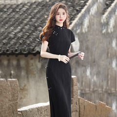 黑色條紋民國風老上海新中式長款旗袍改良2025新款女復古短袖夏季