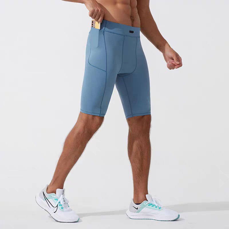 Correr pantalones cortos de compresión para hombres profesionales de maratón de carreras a través de la carretera rápido secado ajustado pantalones de cinco puntos bolsillo puede poner el teléfono móvil