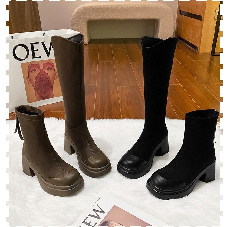 High Heeled Thick Soled Long Boots for Women's 2023 Hot Selling New Winter Slimming V-neck High Tube Elastic Slim Boots_voghion.com