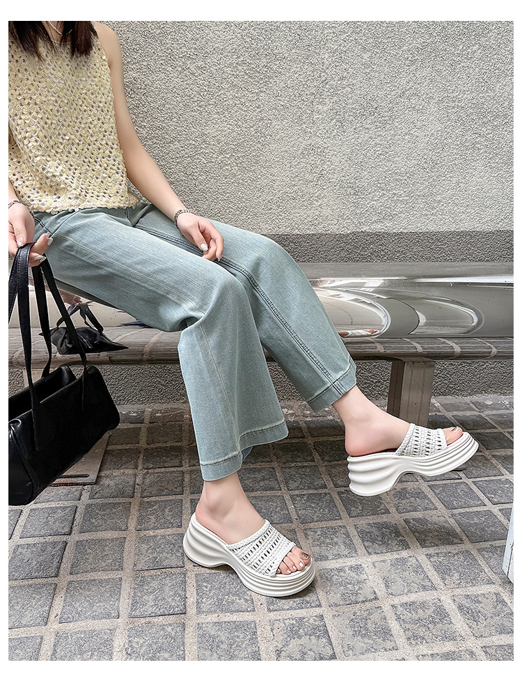 Dép sandal nữ đan mùa hè đế dày bánh mì hở ngón chân quai ngang tăng chiều cao — Màu đen, Màu trắng be chi tiết 15