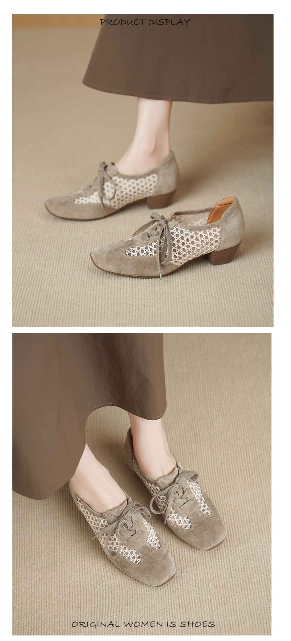 Giày sandal cao gót nữ hở mũi phối lưới, gót 4 cm, phong cách vintage — đen chi tiết 7