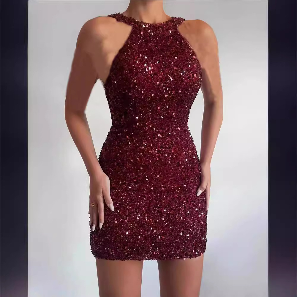 2025 Frühjahr und Sommer neue Mode Neckholder sexy Kristallquaste hüftbedeckendes Pailletten europäisches und amerikanisches Kleid mittelhohes Abendkleid
