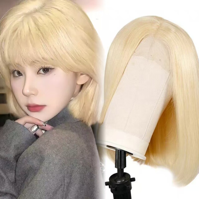 Xuchang Wig Full Real Hair Women's Full Headgear 613 Blonde Bob Head One-Size-Fits-All Short Hair Wig Front Lace Headgear