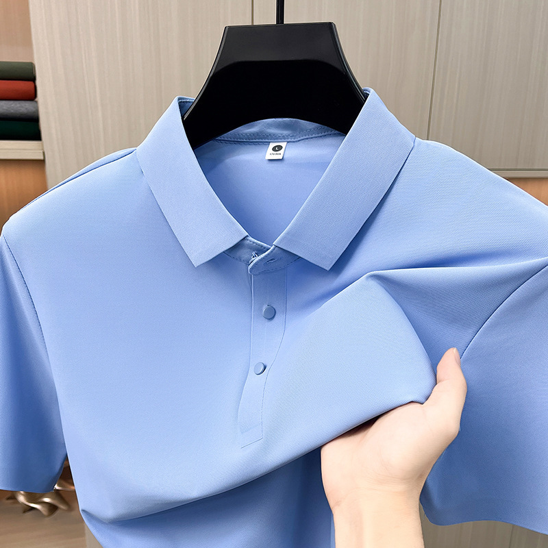 Foreign Trade Wholesale High-End Seamless Ice Silk Short-Sleeved Polo Shirt for Men Summer Solid Color Lapel Breathable Sweat-Absorbent T-Shirt