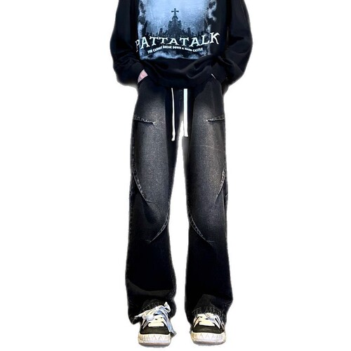 Water-washed retro denim jeans trendy for men spring and autumn season American cool stylish straight-leg loose wide-leg casual long pants for men