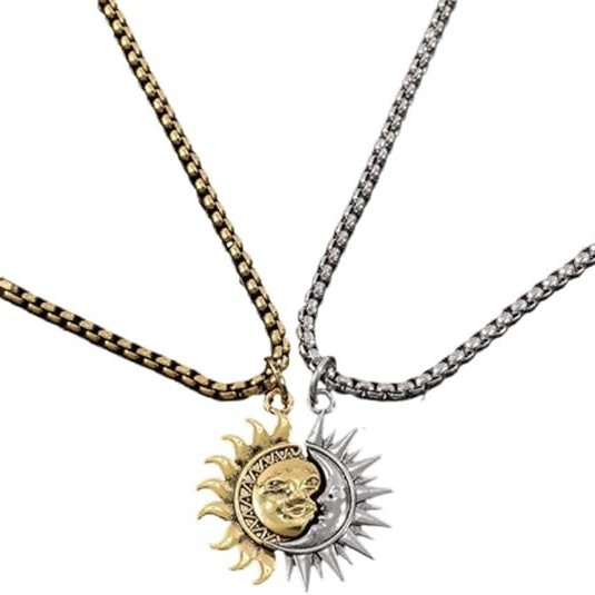 Sun And Moon Asymmetric Titanium Steel Necklace For Men_voghion.com