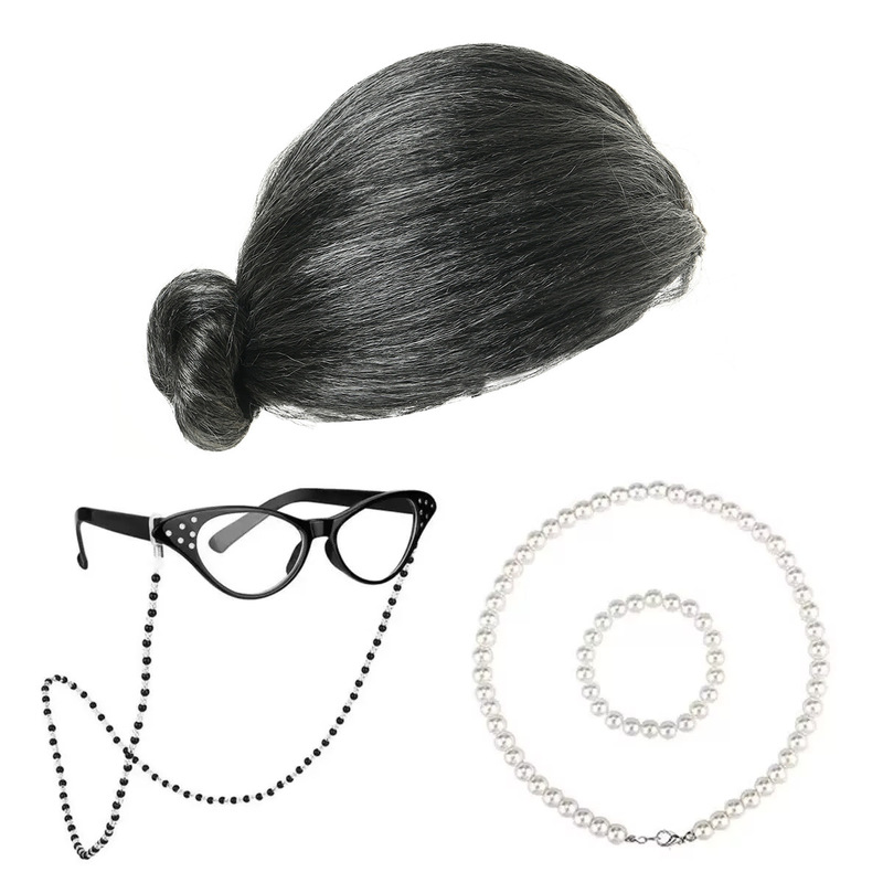 Amazon cross-border elderly grandma wig COS 100-day back-to-school elderly grandpa and grandma wig costume set