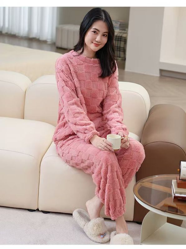 秋冬季珊瑚绒睡衣套装女加绒加厚家居服时尚可外穿法兰绒开衫睡袍|undefined