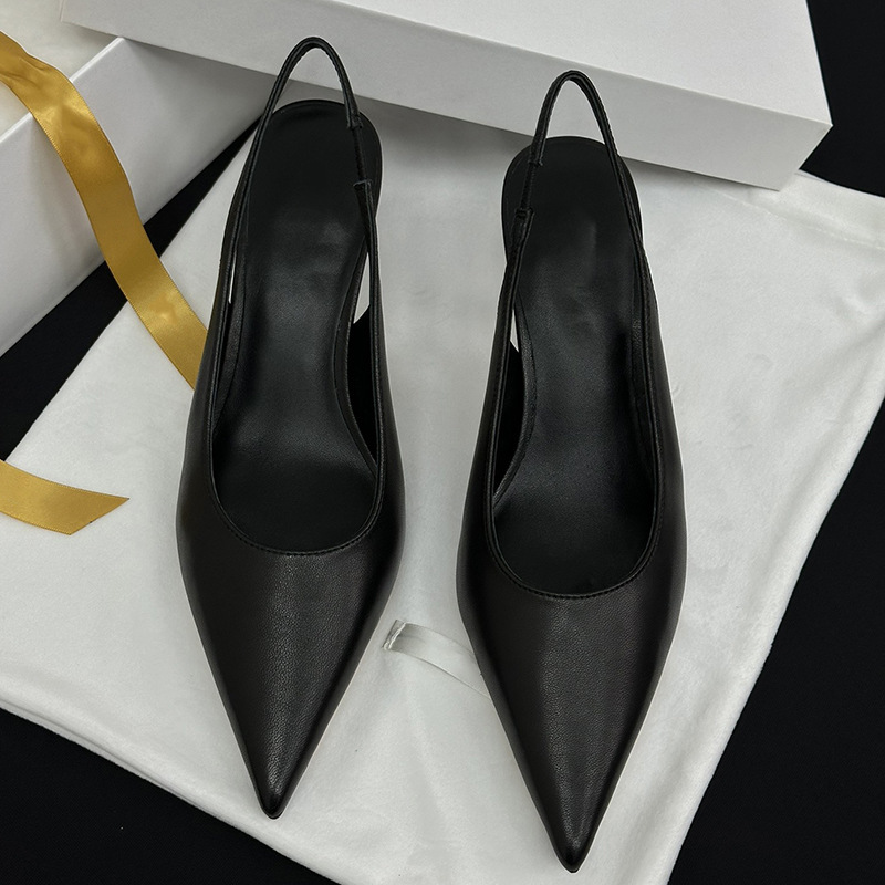 2025 Summer New T*R Fashion French Kitten Heel Peep-Toe Sandals for Women with Pointed Toe Genuine Leather High Heels