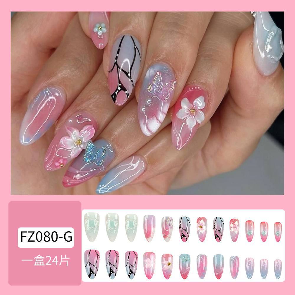 Diamantes transfronterizos nueva armadura portátil 3D en relieve tridimensional flor mariposa uñas postizas 24 piezas manicura al por mayor