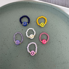 多巴胺彩色笑脸串珠戒指女 新款撞色镂空水晶手工编织指环食指戒