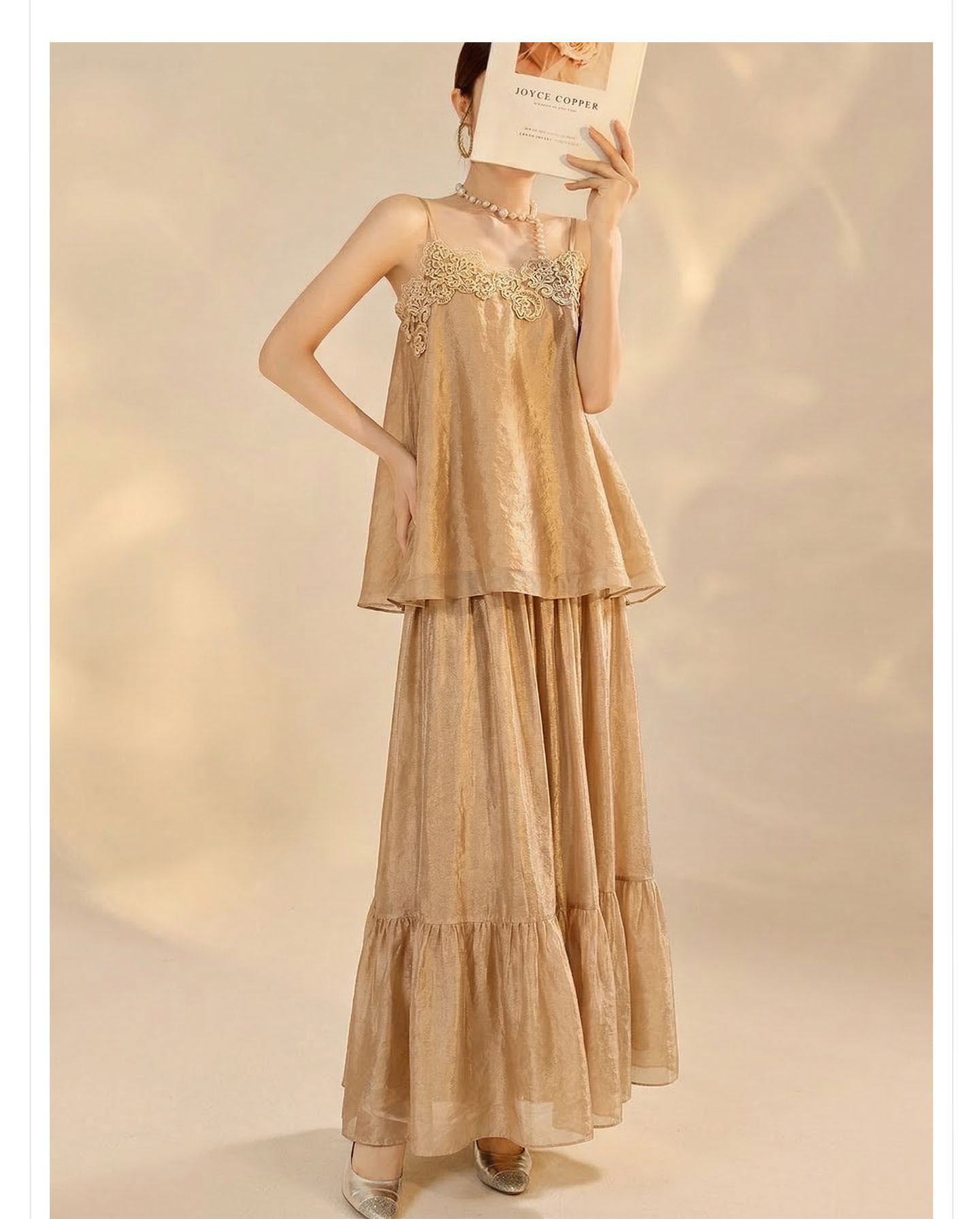 Bộ đầm maxi nữ thắt eo phong cách cổ điển Trung Hoa cao cấp (áo dây + chân váy) — nửa váy, Trang chủ chi tiết 9
