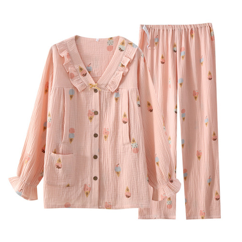 Confinement clothes spring and summer thin pure cotton crepe fabric sweat-absorbent and breathable maternity nursing pajamas long-sleeved two-piece home clothes