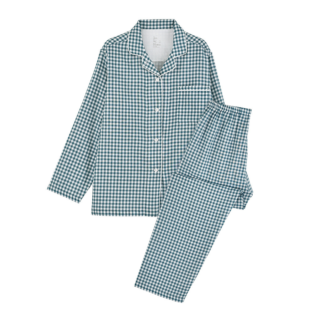 良品无侧缝双层纱睡衣 无印男女士家居服春秋纯棉全棉薄荷曼波风