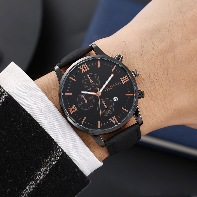 Cross-Border Popular Men's Leather Belt Watch with Calendar, Fake Three-Dial Business Men's Wristwatch, High-End Quartz Watch Wholesale