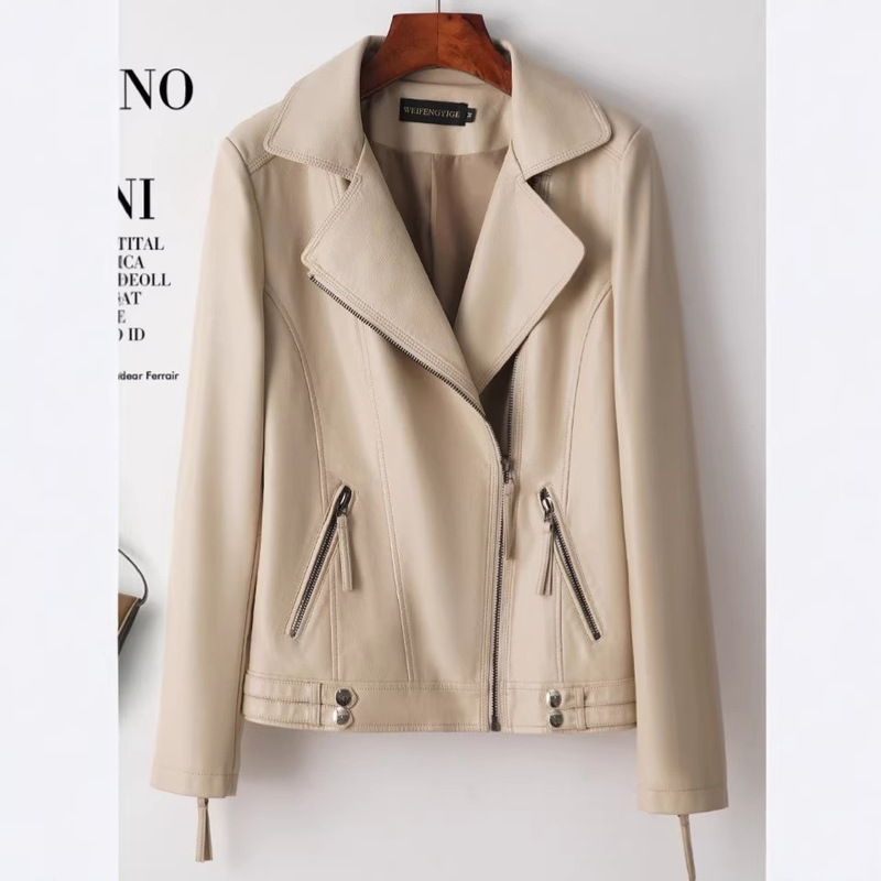 Cross-Border 2026 Spring Haining Leather Jacket for Women, Slim-Fit Short Style with Suit Collar, Biker Style, Slimming Effect, Sheepskin Jacket, Small Coat