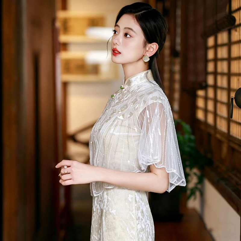 Summer lightweight mesh sequin shawl, cheongsam party dress, outerwear with a round-neck cardigan cape