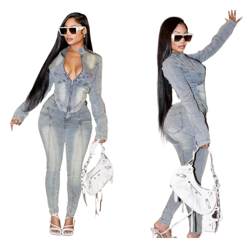 Autumn New Denim Long Sleeve suit MZ88595 in stock Europe and America Amazon Hot Selling Fashion Stretch Trousers suit Autumn New Denim Long Sleeve suit MZ88595 in stock Europe and America Amazon Hot Selling Fashion Stretch Trousers suit
