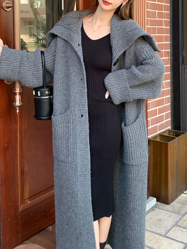 针织毛衣外套女款秋冬新款慵懒风宽松高级感翻领长款针织开衫大衣|undefined