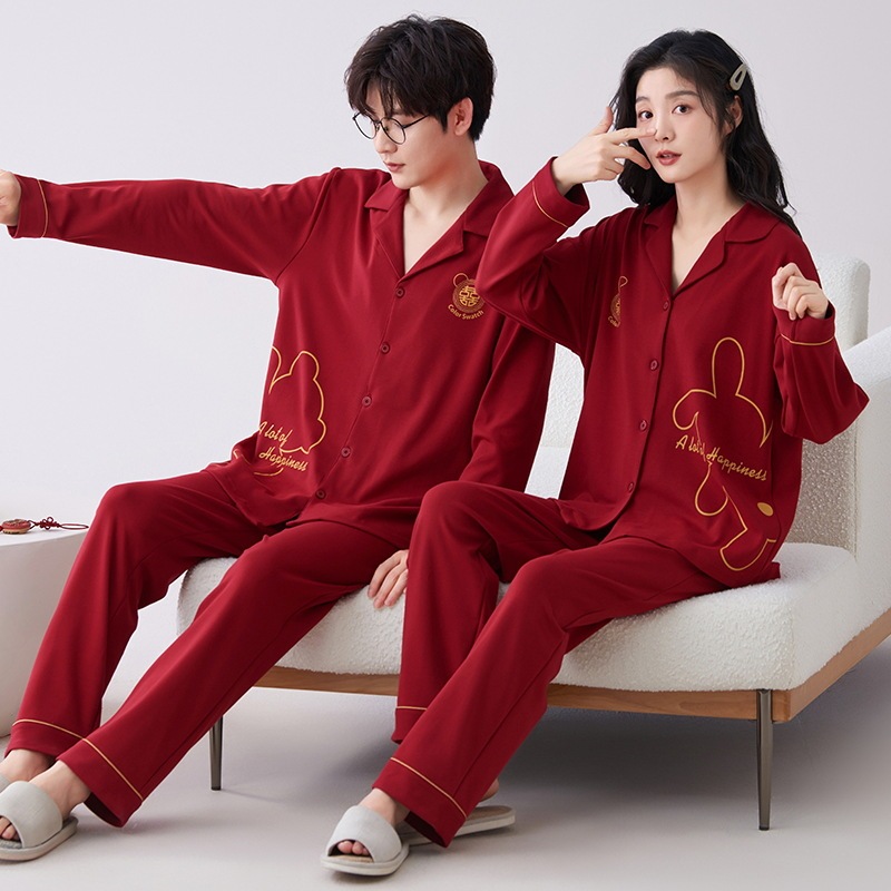 7A Antibacterial Pure Cotton Couple Pajamas Wedding New Marriage Year Red 2024 New suit Spring and Autumn Home Clothes 7A Antibacterial Pure Cotton Couple Pajamas Wedding New Marriage Year Red 2024 New suit Spring and Autumn Home Clothes