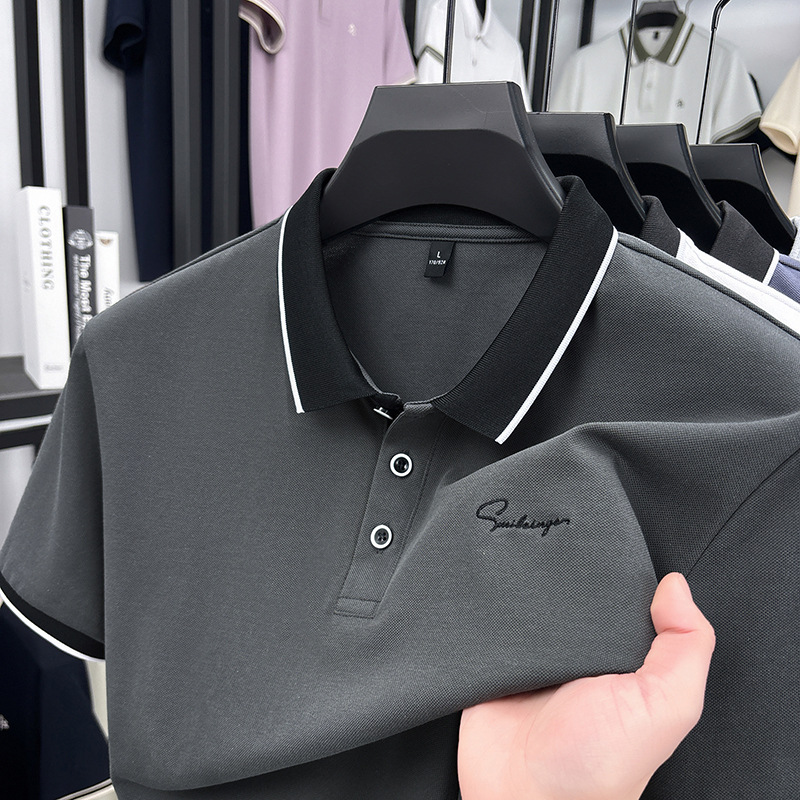 Camiseta de polo de verano de perlas frescas de hombre camiseta de manga corta de negocios de mediana edad casuales de papás con collar top bordado
