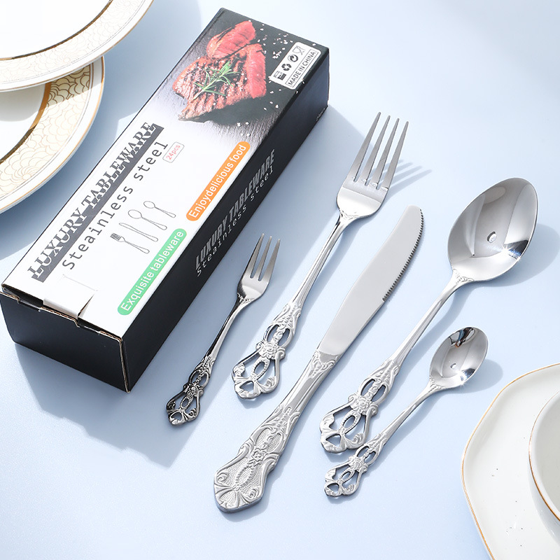跨境皇庭不锈钢刀叉勺20件套浮雕镂空宫廷酒店西餐牛排刀叉餐具