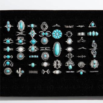 跨境民族风仙人掌花朵绿松石戒指复古几何混批款式随机戒指套装